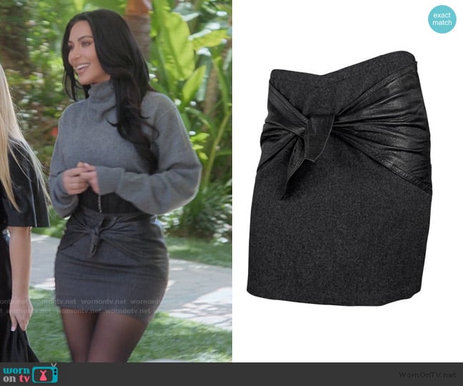 Gianni Versace Embossed Black Leather Tie Front Grey Wool Mini Skirt worn by Kim Kardashian (Kim Kardashian) on The Kardashians