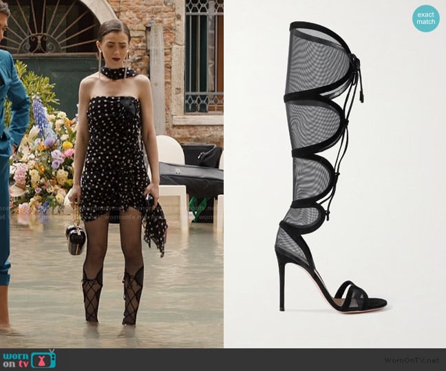 Gianvito Rossi Falene 105 cutout mesh-trimmed suede sandals worn by Emily Cooper (Lily Collins) on Emily in Paris