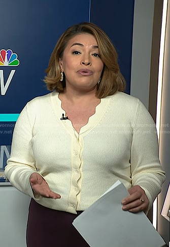 Gilma Avalos’s white scalloped cardigan on NBC News Daily