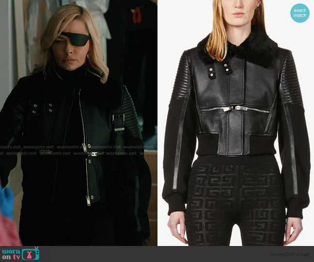 Givenchy Shearling-trim leather jacket worn by Tiff (Jaime Pressly) on Elsbeth