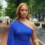 Gizelle’s blue one shoulder pleated dress on The Real Housewives of Potomac