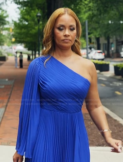 Gizelle's blue one shoulder pleated dress on The Real Housewives of Potomac