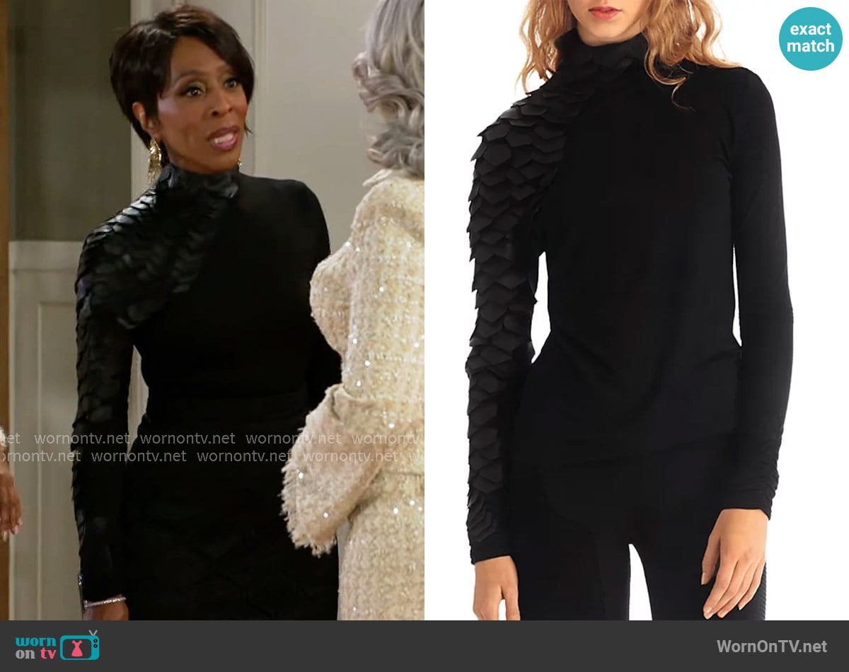 Gracia Faux Leather Scale Top worn by Sharon Winger (Bonita Brisker) on Beyond the Gates