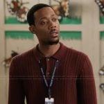 Gregory's red ribbed cardigan on Abbott Elementary