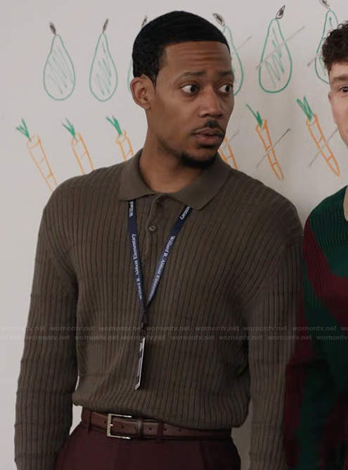 Gregory's green ribbed polo sweater on Abbott Elementary