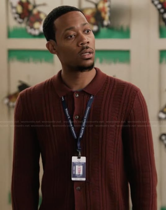 Gregory’s red ribbed cardigan on Abbott Elementary