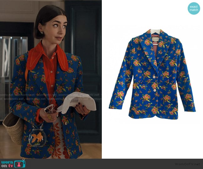 Gucci Velvet suit jacket worn by Emily Cooper (Lily Collins) on Emily in Paris