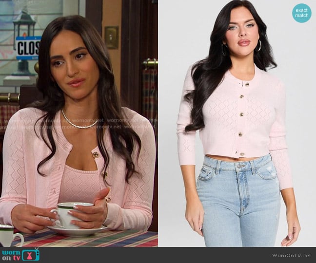 Guess Holland Diamond-Pointelle Sweater Cardigan in Low Key Pink worn by Gabi Hernandez (Cherie Jimenez) on Days of our Lives