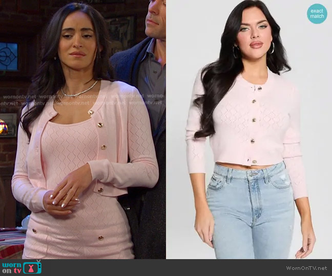 Guess Holland Diamond-Pointelle Sweater Cardigan in Low Key Pink worn by Gabi Hernandez (Cherie Jimenez) on Days of our Lives
