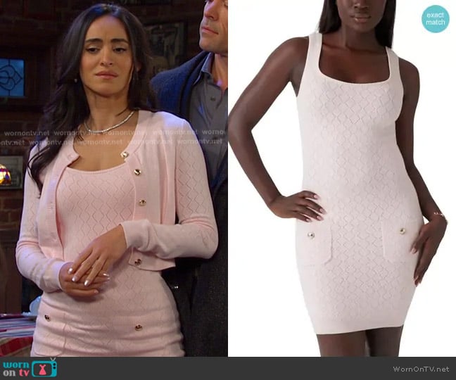 Guess Holland Diamond-Pointelle Sweater Dress in Low Key Pink worn by Gabi Hernandez (Cherie Jimenez) on Days of our Lives