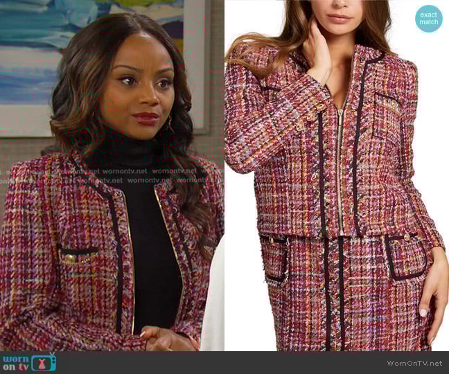 Guess Mikaela Tweed Jacket worn by Chanel Dupree (Raven Bowens) on Days of our Lives