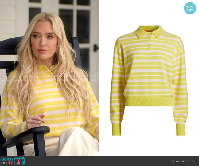 Guest in Residence Collegiate Stripe Cashmere Polo Sweater in Lemon Combo worn by Erika Jayne on The Real Housewives of Beverly Hills
