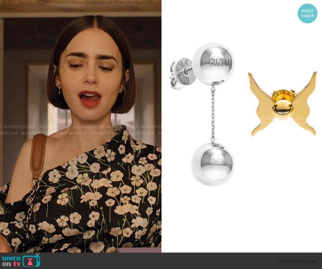 Guzema Duo Orb Earrings worn by Emily Cooper (Lily Collins) on Emily in Paris