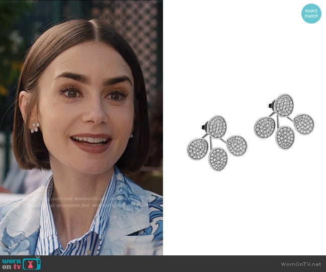 Guzema Tetra Flat Earrings in diamonds and white gold worn by Emily Cooper (Lily Collins) on Emily in Paris