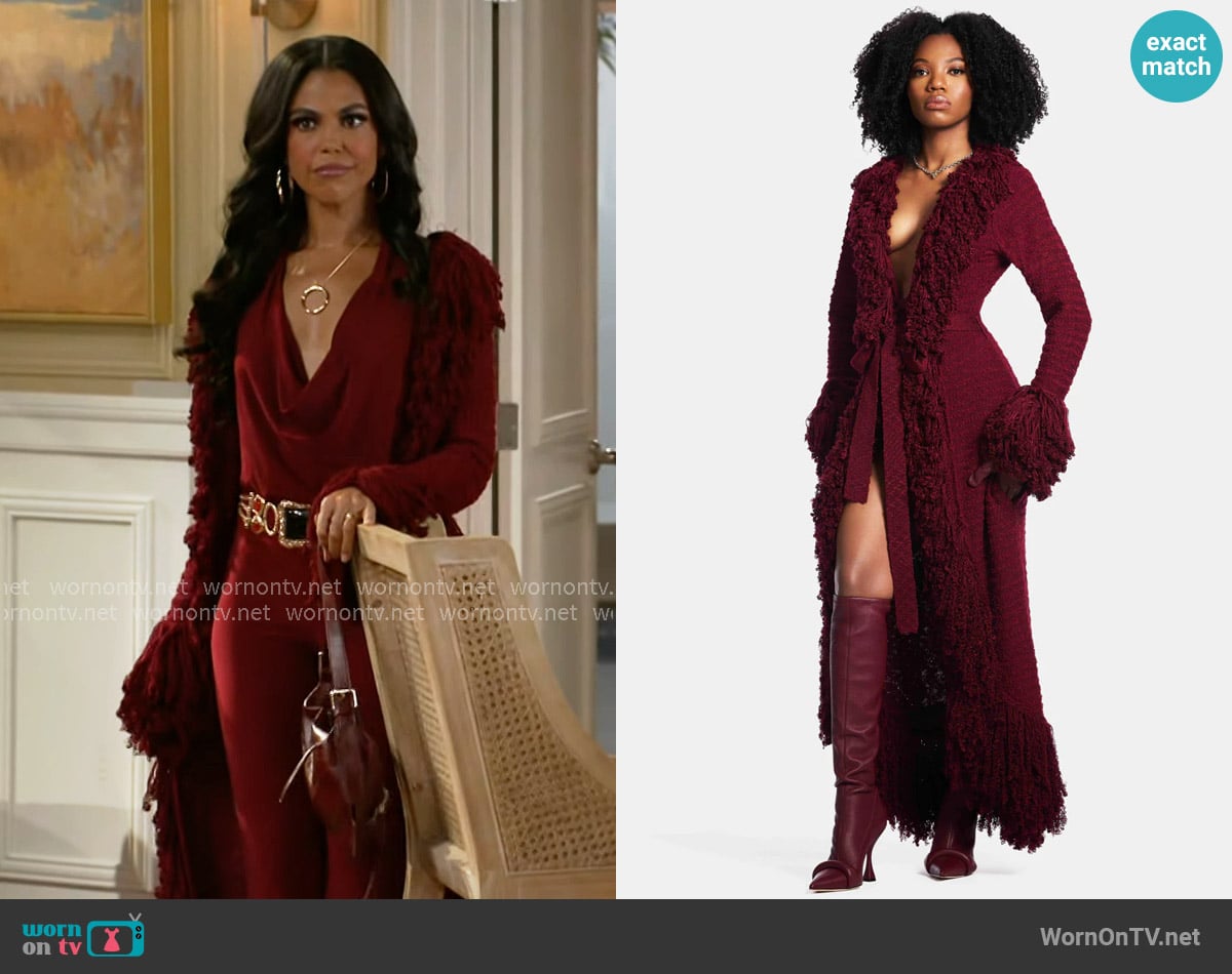 Dani’s burgundy fringed cardigan on Beyond the Gates