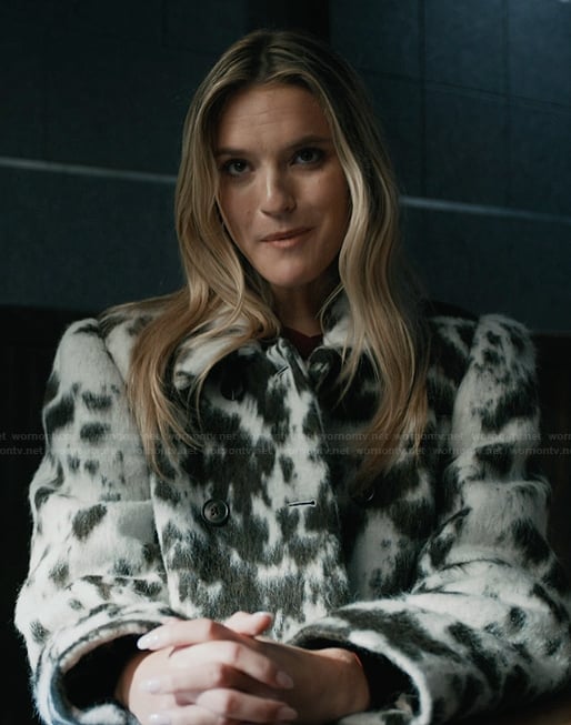 Harper's cow print faux fur jacket on Elsbeth