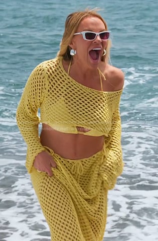 Heahter's yellow open knit crop top and skirt on The Real Housewives of Salt Lake City