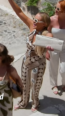 Heather's beige print keyhole top and pants on The Real Housewives of Salt Lake City