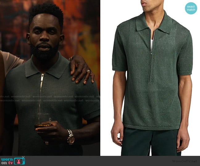 Helmut Lang Nino Linen Rib-Knit Half-Zip Polo Sweater worn by Geoffrey (Jimmy Akingbola) on Bel-Air