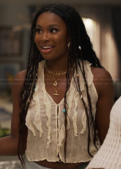 Hilary's white ruffle front top on Bel-Air