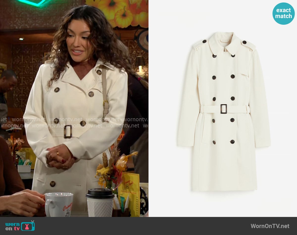 H&M Double-Breasted Trench Coat in Cream worn by Audra Charles (Zuleyka Silver) on The Young and the Restless