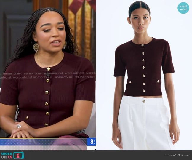 H&M Short-Sleeved Cardigan in Burgundy worn by Sydni Scott on Good Morning America