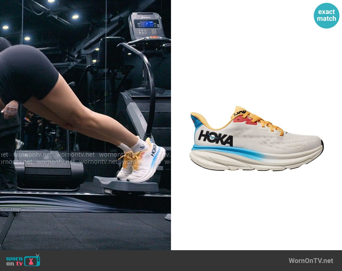 Hoka Clifton Sneaker in Donna White Blue / Blanc De Blanc Swim Day worn by Taylor Swift on The End of an Era
