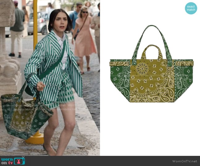 House of Cardoon Trapeze Quilted Colorblock Tote Ba worn by Emily Cooper (Lily Collins) on Emily in Paris