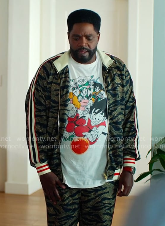 Howard’s tiger stripe print track suit on Loot