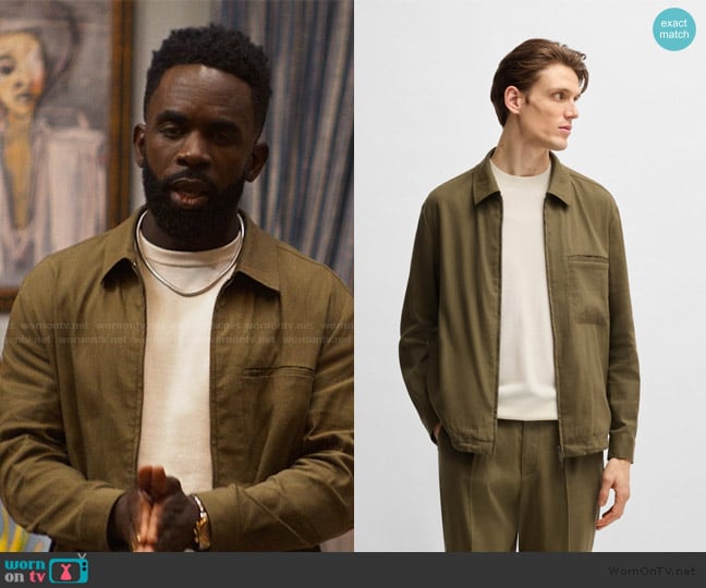 Hugo Boss Relaxed-fit zipped overshirt in a linen blend worn by Geoffrey (Jimmy Akingbola) on Bel-Air