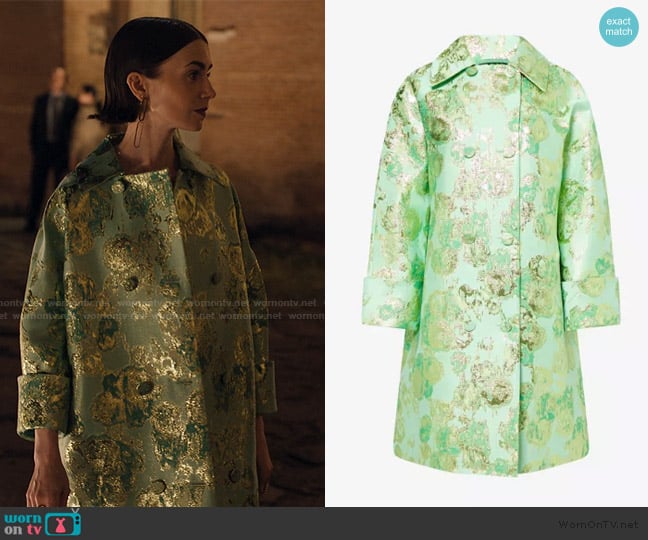 Huishan Zhang Mirabel Double-Breasted Floral Jacquard Coat worn by Emily Cooper (Lily Collins) on Emily in Paris