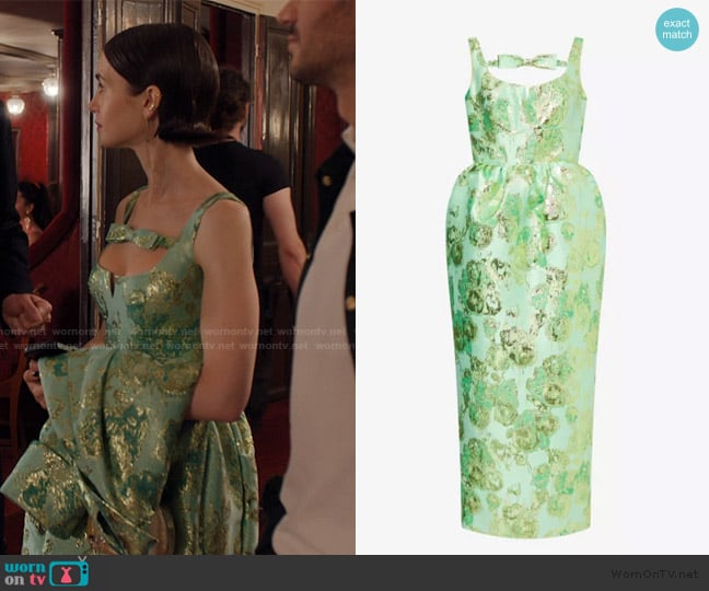 Huishan Zhang Sidra Floral Jacquard Midi Dress worn by Emily Cooper (Lily Collins) on Emily in Paris