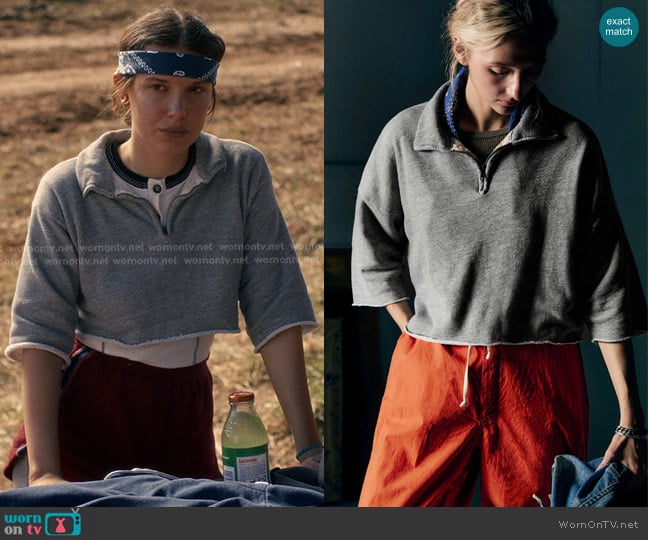 Imogene + Willie Cut Sleeve Cropped Quarter Zip worn by Eleven (Millie Bobby Brown) on Stranger Things