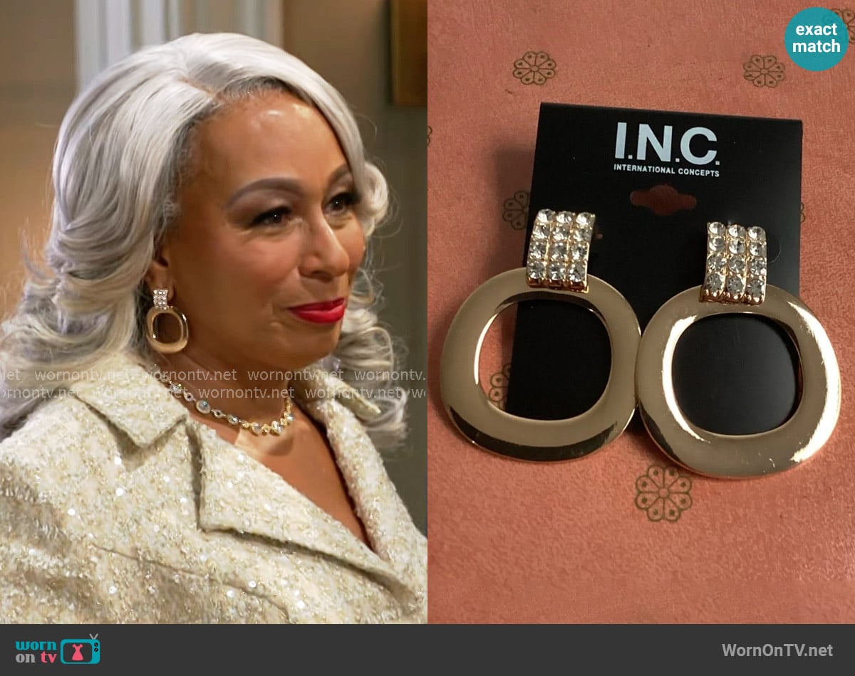 INC International Concepts Gold Statement Earrings worn by Anita Dupree (Tamara Tunie) on Beyond the Gates