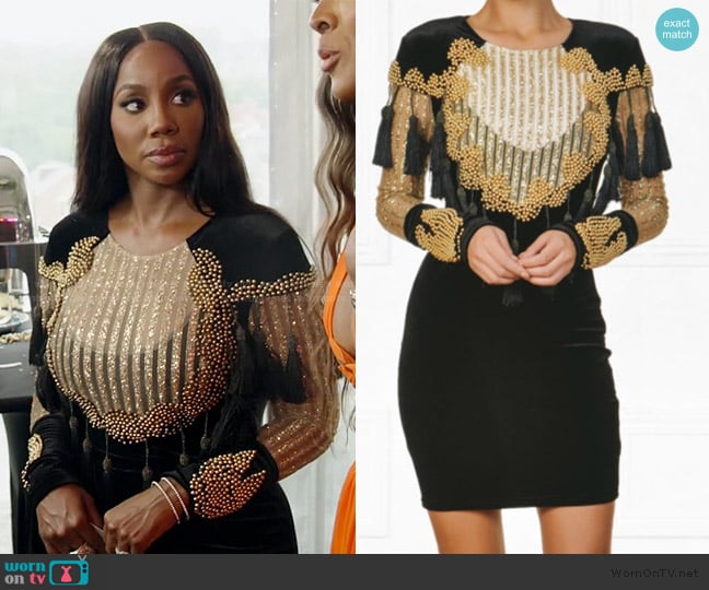 Indie XO Black and gold velvet beaded fringe tassel dress worn by Jassi on The Real Housewives of Potomac