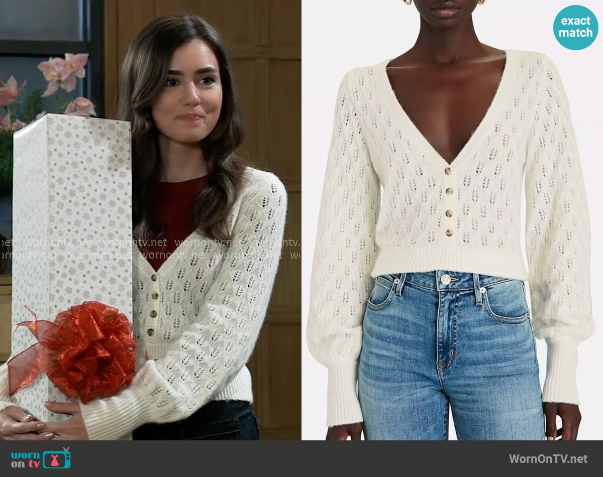 Intermix Lenore Cardigan worn by Emma Scorpio-Drake (Braedyn Bruner) on General Hospital