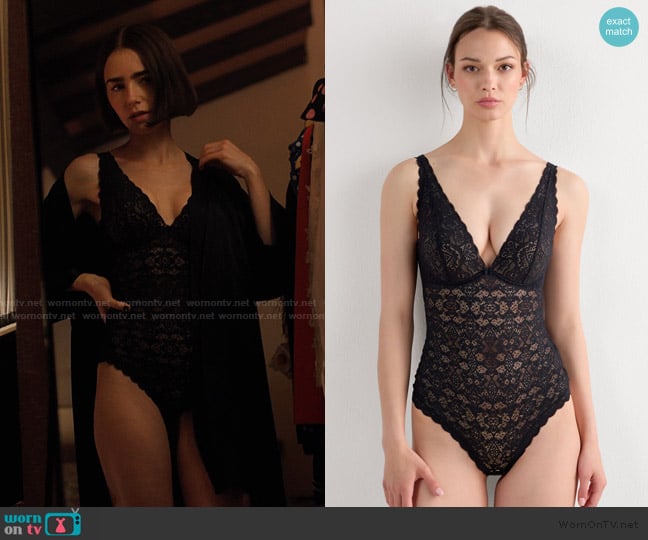 Intimissimi Eleonora Lace Bodysuit worn by Emily Cooper (Lily Collins) on Emily in Paris