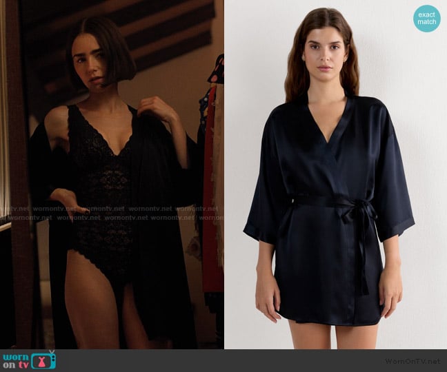 Intimissimi Silk Kimono worn by Emily Cooper (Lily Collins) on Emily in Paris