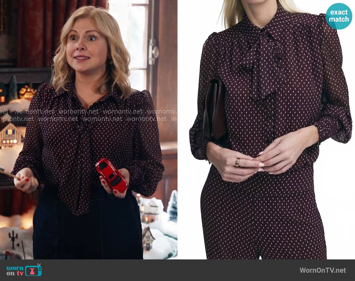 Iris Setlakwe Shirring detail and tie blouse in plum worn by Sam (Rose McIver) on Ghosts