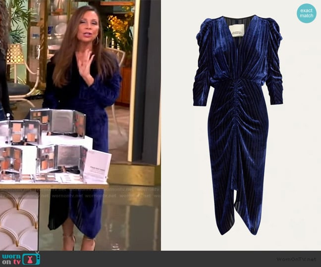 Isabel Marant Nemil Ruched Striped Velvet Midi Dress in Dark Blue worn by Gretta Monahan on The View