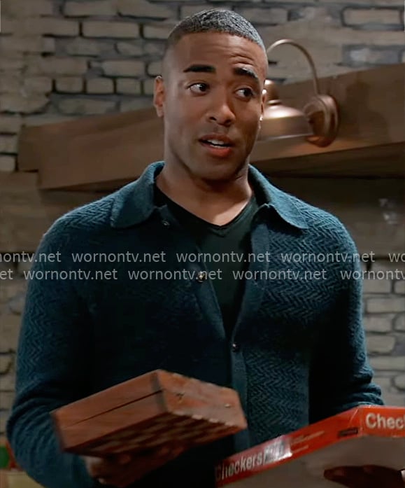 Isaiah’s teal green zig zag sweater on General Hospital