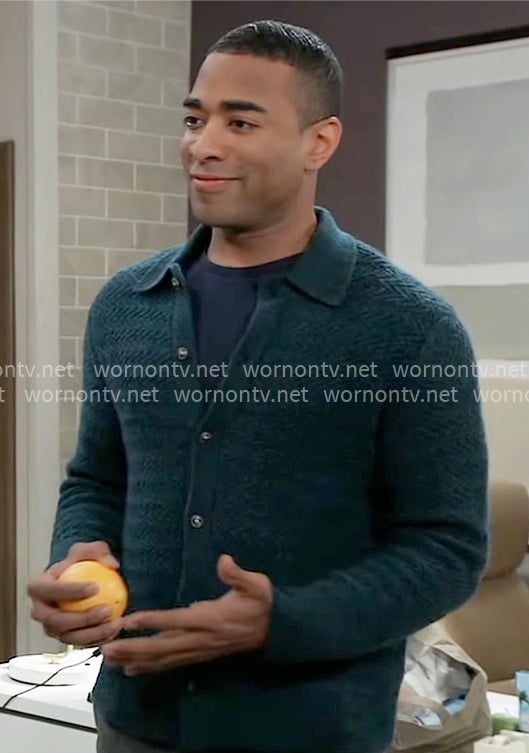 Isaiah’s teal green zig zag sweater on General Hospital