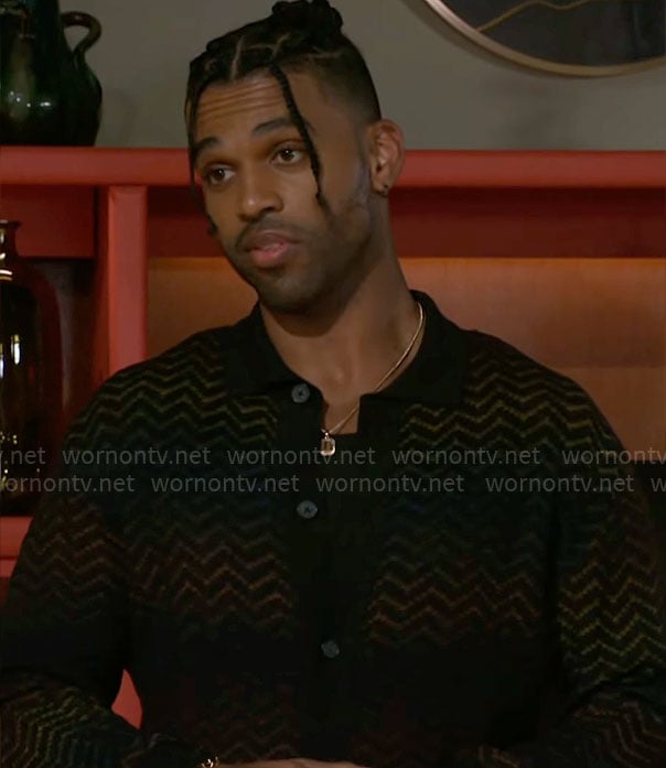 Izaiah’s black chevron knit cardigan on Beyond the Gates