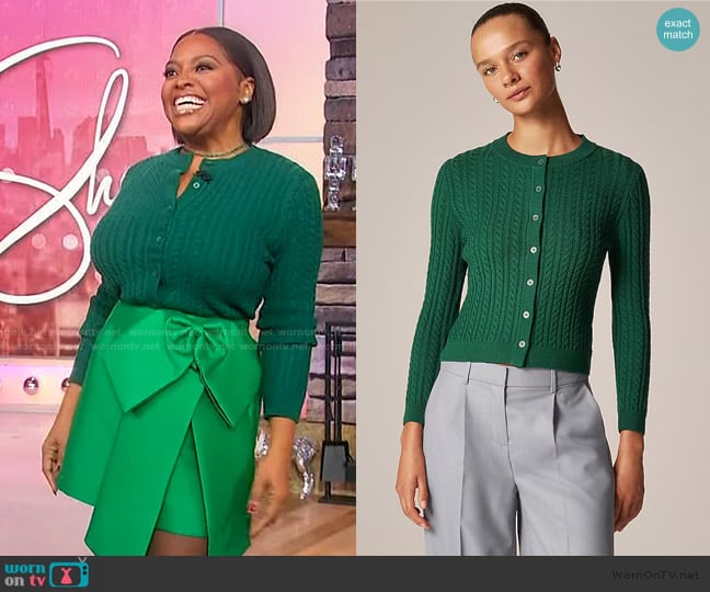 J. Crew Cable-knit crewneck cardigan in merino wool worn by Sherri Shepherd on Sherri