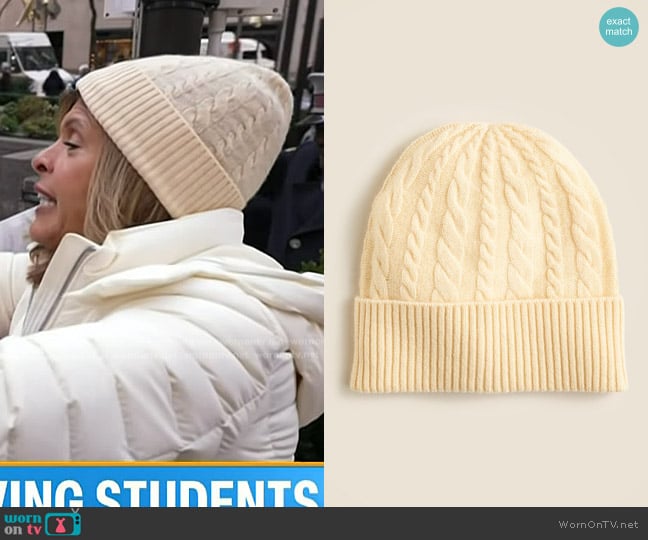 Hoda’s white cable knit beanie on Today