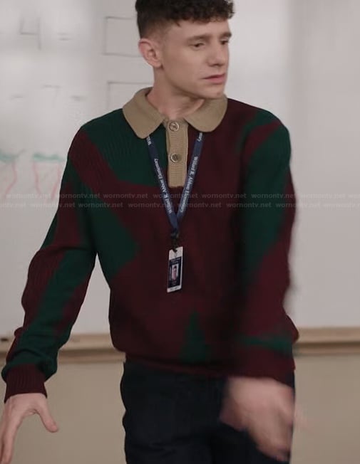 Jacob’s red and green polo sweater on Abbott Elementary
