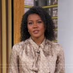Janai’s beige print tie neck blouse on Good Morning America