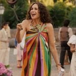 Prince Jane’s rainbow stripe one shoulder dress on Emily in Paris