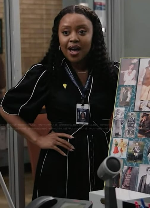 Janine’s black piping trim dress on Abbott Elementary