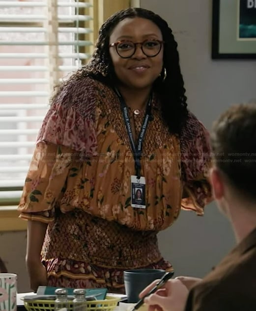 Janine’s floral ruffle maxi dress on Abbott Elementary